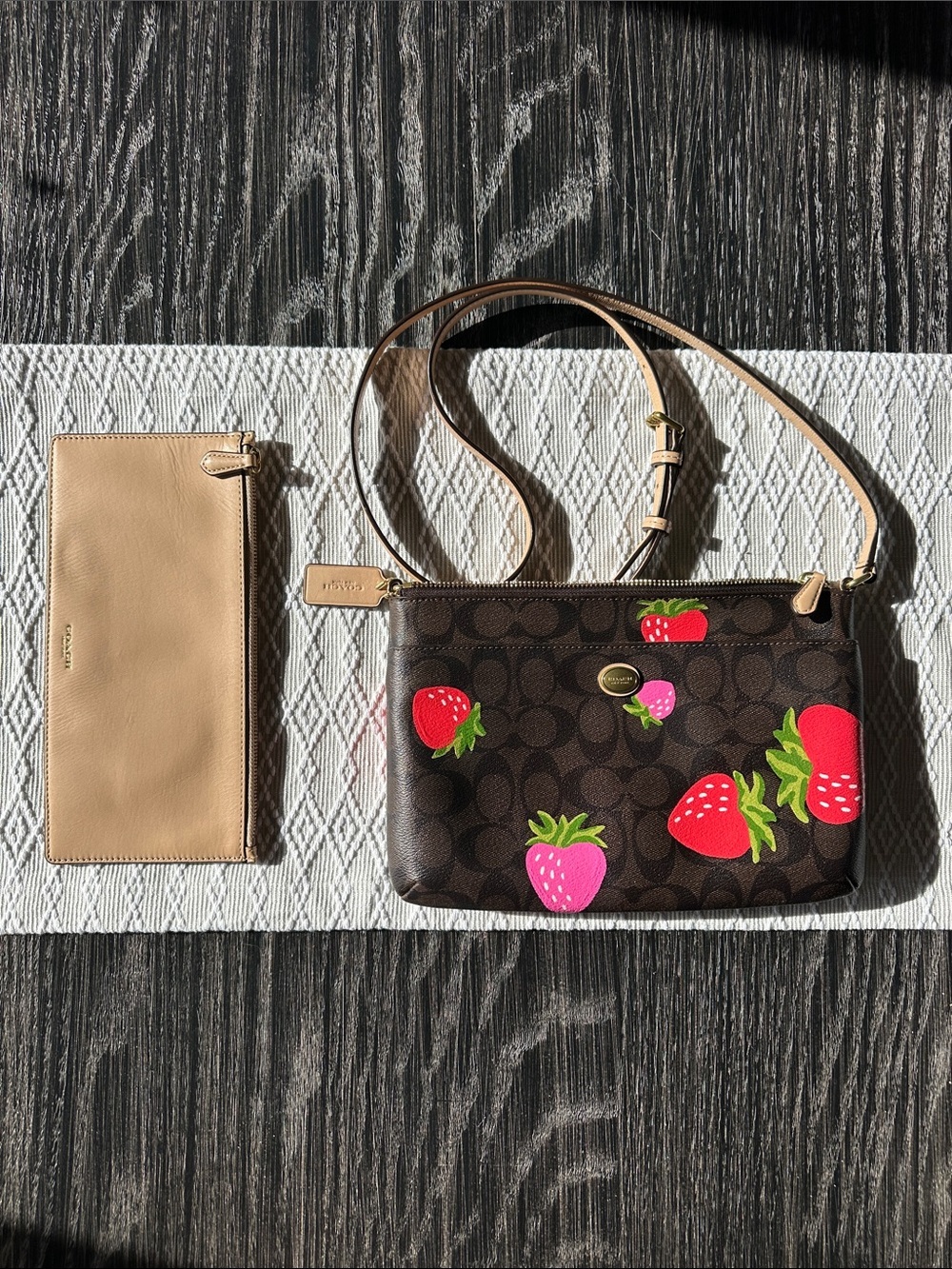 Coach Duo Dark Brown Signature Strawberries Coated Leather Crossbody Bag & Pouch